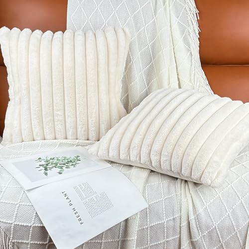 20x20 Throw Pillow Covers Set of 2, Decorative Faux Fur Covers for Bed, Couch Soft Fluffy Pillow Cover with Velvet Back for Living Room, Neutral Home Décor Accent for Sofa - Cream White