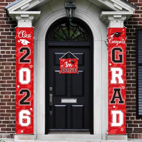 Image of Moukeren 3 Pieces 2026 Graduation Party Decorations Graduation Porch Sign Class of 2026 Grad Hanging Porch Banner Backdrop Door Sign for Grad Party Home Door Wall Decor(Red and Black)