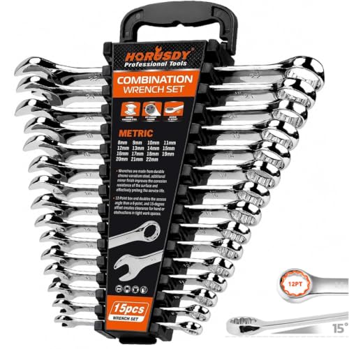 Image of HORUSDY 15-Piece Metric Wrench Sets, Premium Combination Wrench Set Metric 8-22mm, Max Torque, 12-Point, Chrome Vanadium Steel, with Storage Rack