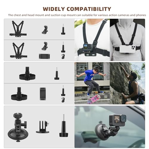 Flymile Chest Harness Mount Head Strap Mount Suction Cup Car Mount Phone Clip, Chest Mount for Gopro 13 12 11 10 9, for DJI Osmo Action 5 Pro 4 3, for Insta360 Ace, for AKASO Accessories - Thumbnail 2