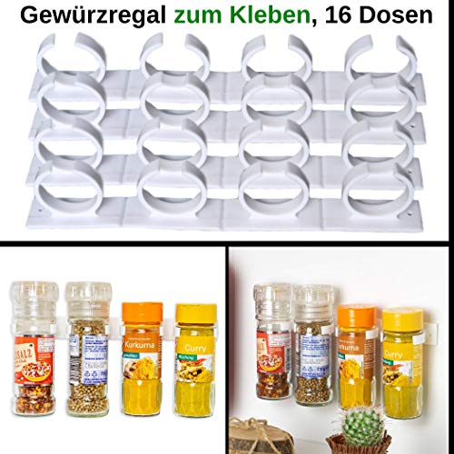 4 x 4 Organisateur d'herbes et d'épices pour 16 boîtes, Porte épices avec Clips pour Cuisine, Rack de Stockage pour boîtes d'épices de 3,3-4,5 CM, personnalisable, avec adhésif ou à vis, blanc