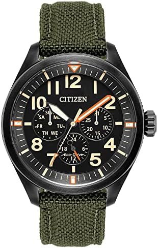 Citizen Men's Sport Casual Garrison 3-Hand Eco-Drive Cordura® Strap Watch, Arabic Markers, Black Ion-Plated, 12/24 Hour Time, Luminous Hands and Markers, Field Watch