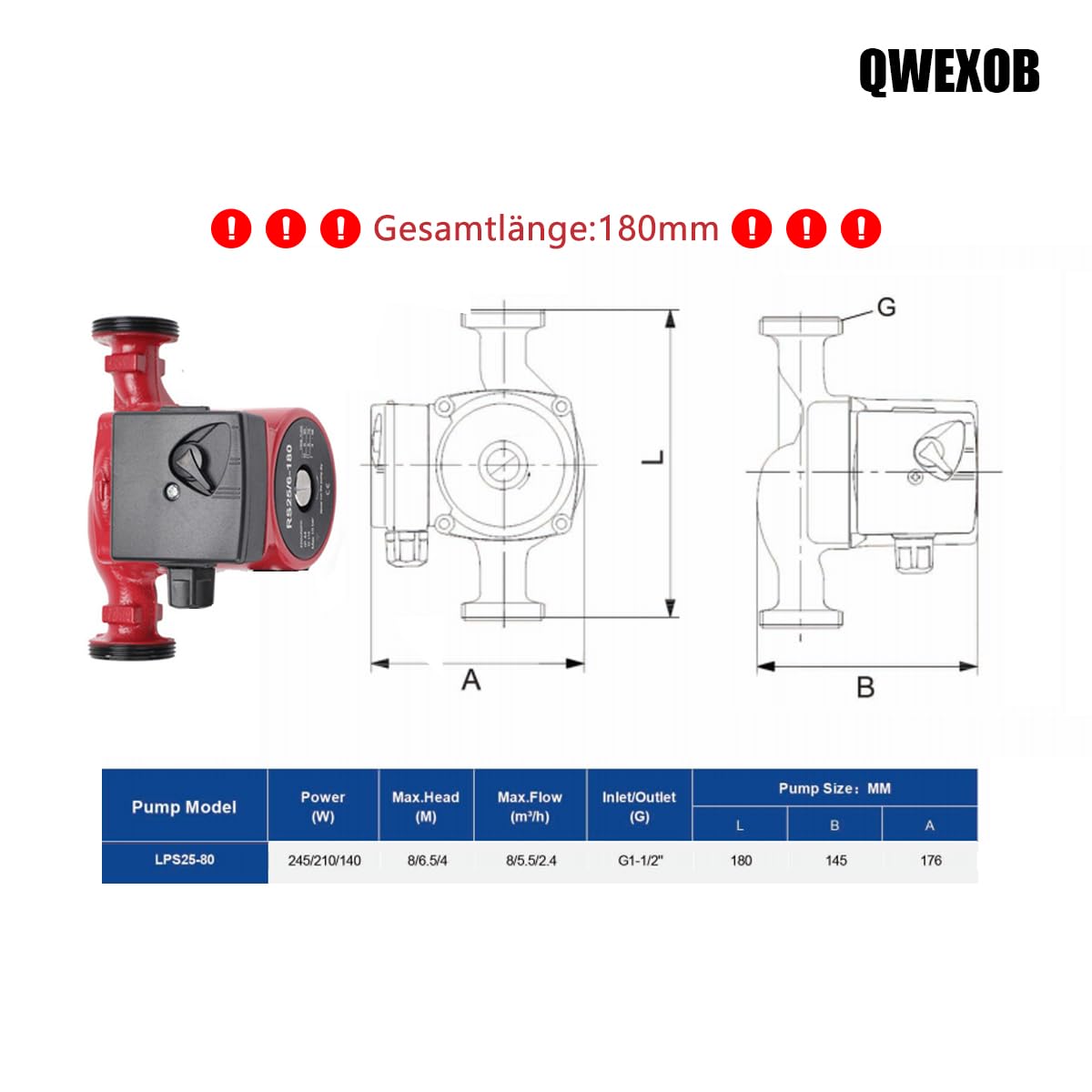 RS25-60/180 Umwälzpumpe Heizungspumpe Zirkulationspumpe Effizienzpumpe 1.5Zoll Mit 1 Zoll Adapterkopf 180mm lang