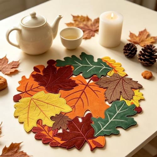 15'' Thanksgiving Maple Leaves Round Placemats Set of 4 for Table Decor | Handmade Embroidered Round Table Mats Fall Leaves Decor Heat Insulation Pad for Kitchen and Dining Table Centerpiece Decor - image 7