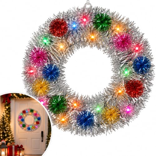 90s Christmas Silver Tinsel Wreath with Lights, 16 Inch Retro