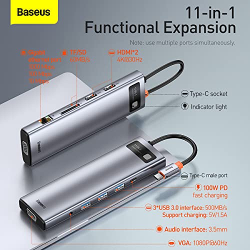 Image of Baseus Metal Gleam 11-in-1 USB-C Hub Docking Station | Dual HDMI 4K, VGA, RJ45, 100W PD, 3xUSB 3.0, SD /TF, AUX Audio | Triple Display Type-C Adapter for MacBook, Windows, and Laptops (Grey)