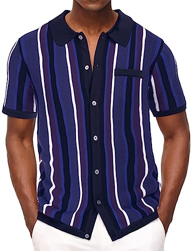 Men’s Short Sleeve Knit Shirt Vintage Stripe Lapel Collar Polo Shirt - Main Image