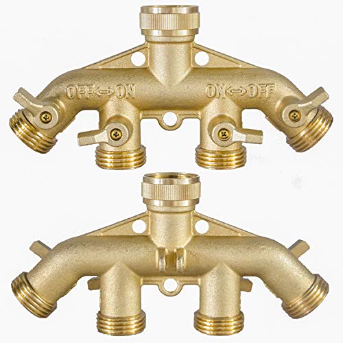 Image of Hourleey Brass Garden Hose Splitter (4 Way), Solid Brass Hose Connector 3 /4 inch, Hose Spigot Adapter 4 Valves with 4 Extra Rubber Washers