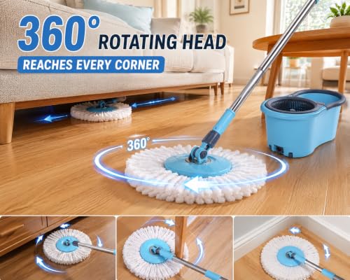 Image of Spin Mop Bucket Set with Adjustable Stainless Steel Handle and 2 Microfiber Refills - Plastic Wringer Basket with Wheels, 360 Degree Rotating Head Floor Cleaning System for Home and Kitchen (Blue)