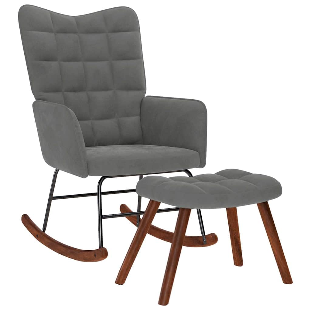 Mecedora con taburete de terciopelo gris oscuro, cómodo sillón con asiento y respaldo acolchados gruesos, marco estable de madera contrachapada y metal, patas de madera para un soporte seguro