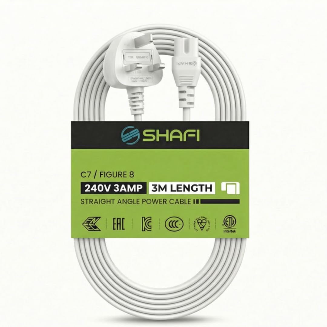SHAFI® 3-Meter Figure 8 Power Lead - Certified 2-Pin IEC-C7 to 3-Pin Plug UK 3A Fuse 0.75mm² - AC Mains Power Adapter Charger Cord - TV Cable Compatible for Samsung LG Sony PlayStation PS5-3M