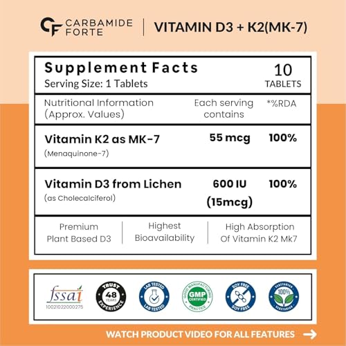 Image of Carbamide Forte Vitamin D3 K2 Supplement | Vitamin K2 MK7 to Support Bone & Heart Health | Veg D3 - Lichen - 10 Tablets