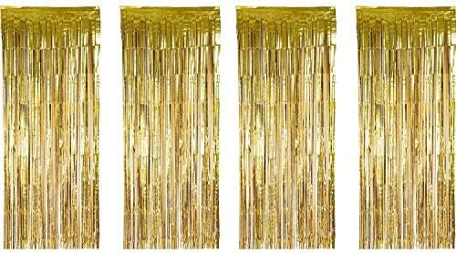 4 pcs Gold Metallic Tinsel Foil Fringe Curtains, Door Backdrop, 3ft x 8ft Decoration for Birthday Graduation Bridal Shower Baby Wedding Party Bachelorette Photo Booth Gatsby 1920 New Years
