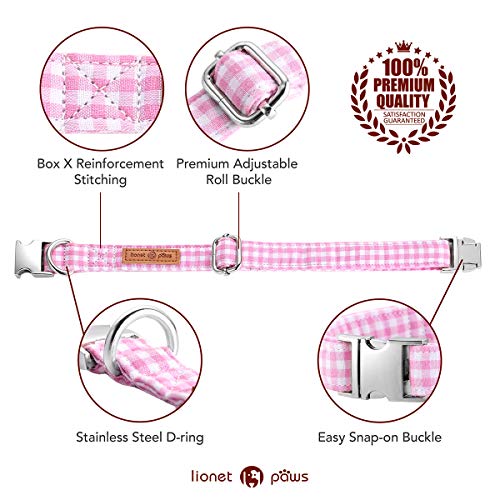 Lionet Paws Dog Collar With Bowtie, Comfortable Adjustable Cute Pink Gingham Bow Tie Collar For Female Dogs Gift, Medium, Neck 13.5-22 Inches #TOP2