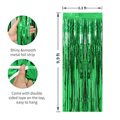 Image of Crosize 4 Pack 3.3 x 9.9 ft Green Foil Fringe Curtains, Tinsel Curtain Backdrop for Parties, Door Streamers for Birthday Dinosaur Animal St Patrick's Day Football Christmas Party Decorations