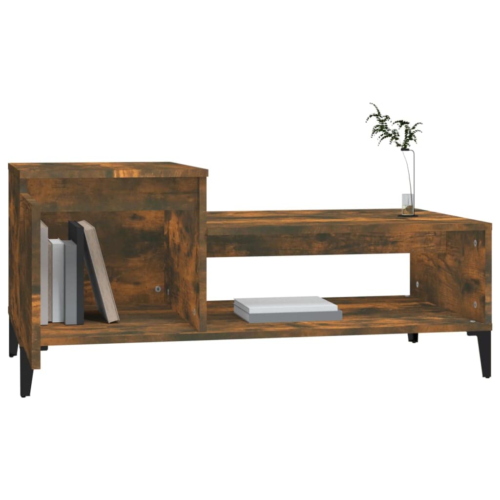 Mesa de centro de roble ahumado, 100 x 50 x 45 cm, de madera y metal, diseño moderno con espacio de almacenamiento y estante, pequeña mesa auxiliar para salón, sofá, mesa lateral
