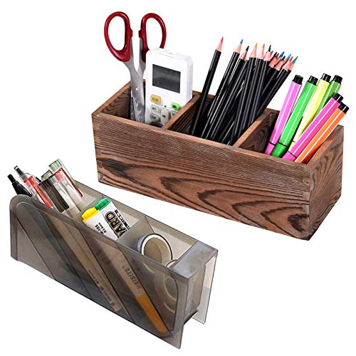 Wood Desk Pencil Holder, Kids Rustic Pen Organizer Storage, Multi-Use Desktop Stationery Storage Caddy with 3 Adjustable Slots, Add 1 Pcs Plastic Pen Storage Holder