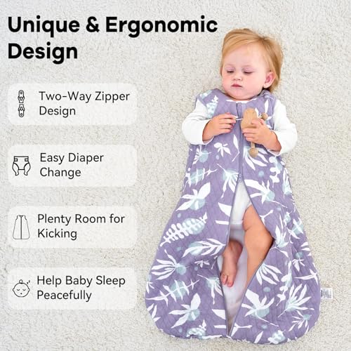 Image of Baby Sleep Sack 6-12 Months 1.5 Tog Baby Wearable Blanket 100% Cotton Fabric Warm Sleeping sack with 2-Way Zipper Quilted for Infant Newborn Tog Purple Leaves