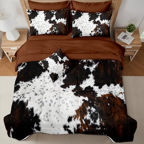 MUGINYU Brown Cowhide Comforter Set Queen 8 Pieces Bed in a Bag Black White Cow Skin Print Western Farmhouse Animal Fur Bedding Set