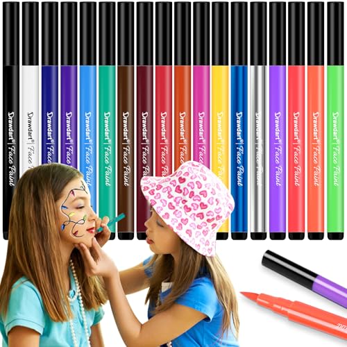 Drawdart 18 Colors Face Painting Markers - Water Resistant, Sweatproof, Waterproof Tattoo Pen for Halloween Body Paint - Anti-Smudge for Party, Kids, Adults