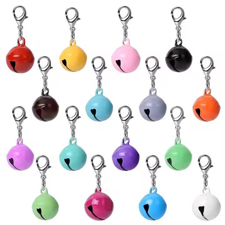 Colourful Pet Bell Charms, 14mm, Metal Clasp, Pack of 10 Random Colours for Pet Collars and Purse and Handbag security bell