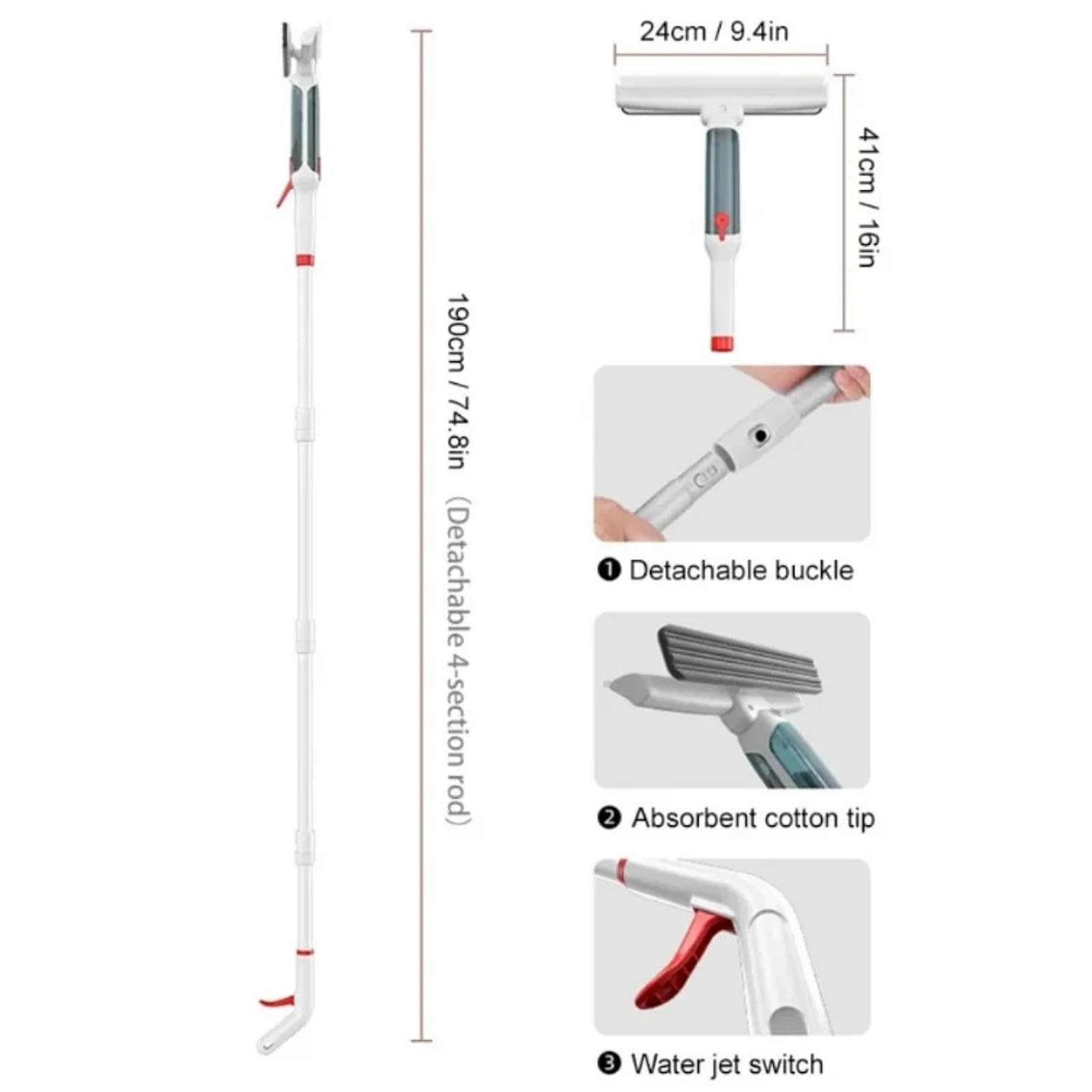 KESOTO Kit de Limpieza para Ventanas, Herramienta de Lavado, Limpiacristales para Interiores Y Exteriores, 24 Cm X 190 Cm