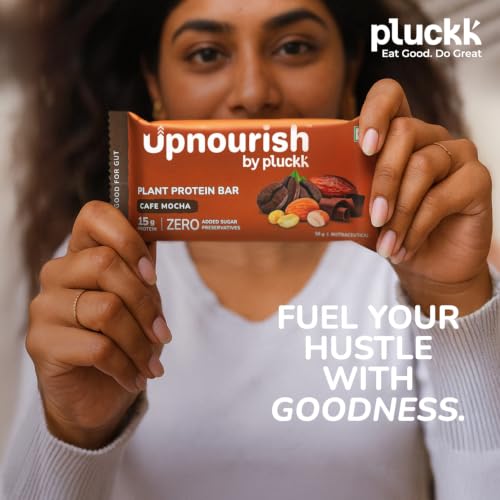 Image of Upnourish by Pluckk Plant Protein Bar - Pack of 18 (50g Each) | 15g Protien , 2g Fiber | No Added Sugar & Preservatives | Protein Bar without sugar | Lactose & Gluten Free | Gut Friendly | Cafe Mocha Flavoured - 300g