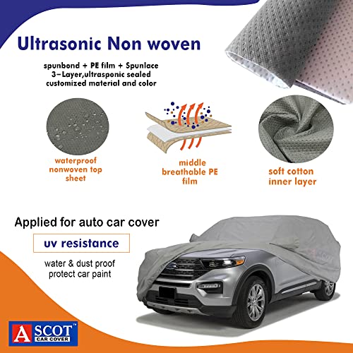 Image of ASCOT, CAR COVER Premium 3-Layer Waterproof & Heat-Resistant Car Cover for TATA NEXON 2023-2026 | UV Shield, Dustproof|Mirror & Antenna Pockets (NEXON Fearless Pr + S DT, Tiebond Grey, Car Body Cover)