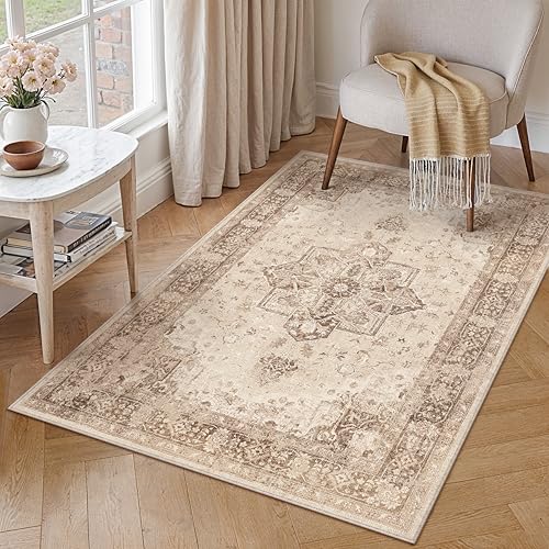PureCozy Vintage Teppich Wohnzimmer Braun 120x170cm Wohnzimmerteppich Schlafzimmer Waschbarer Weich rutschfest Groß Carpet Bettvorleger Esszimmer Kurzflor Teppiche Carpet Living Room Braun 1