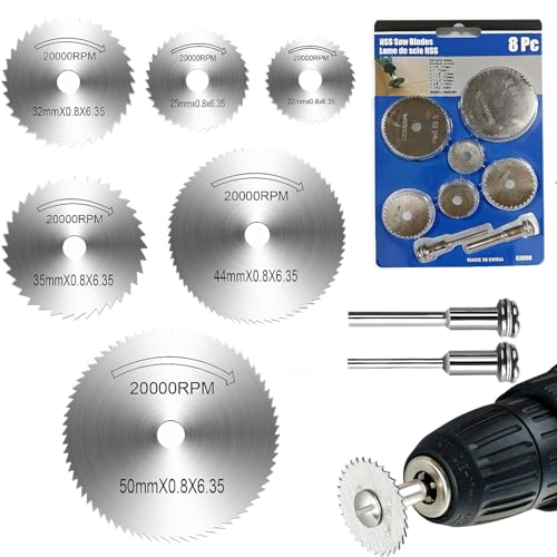 JeeGoWooss - 8 Pcs Rotary Drill Saw Blades for Dremel Rotary Tool, HSS Saw Discs with 1/8" and 1/4" Round Shank Mandrels, Steel Saw Disc Wheel Cutting Blades for Wood Metal Cutting (Silver)