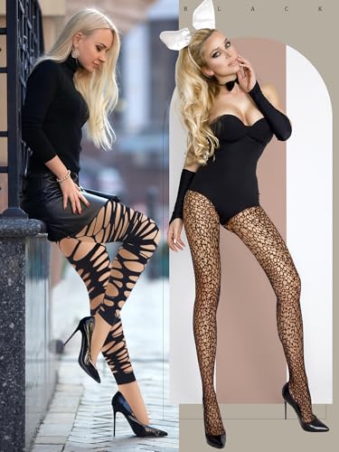 Image of Fourluoo 3 Pairs Fishnet Stockings for Women Black Ripped Spider Web Tights High Waist Stockings Hole Pantyhose