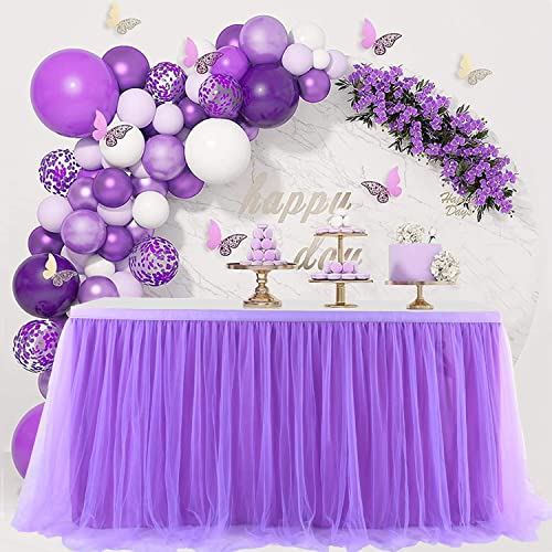 CoFashion Tulle Table Skirt Purple Tablecloth for Round & Rectangle Table Tutu Table Skirt for Wedding Birthday Party Supply with Balloon Baby Shower Table Decor - Lavender Tulle Table Skirt