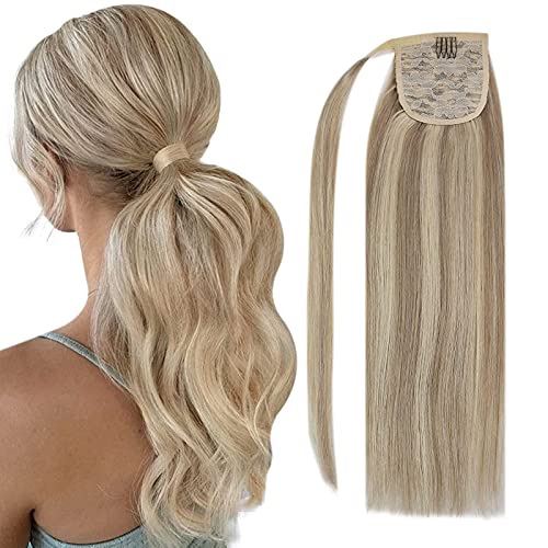 VeSunny Human Hair Ponytail Extensions Dark Ash Blonde Mix Light Blonde Ponytail Highlights Hair Extensions Blonde Pony Hairpiece Wrap Around with Magic Paste 16inch 80g
