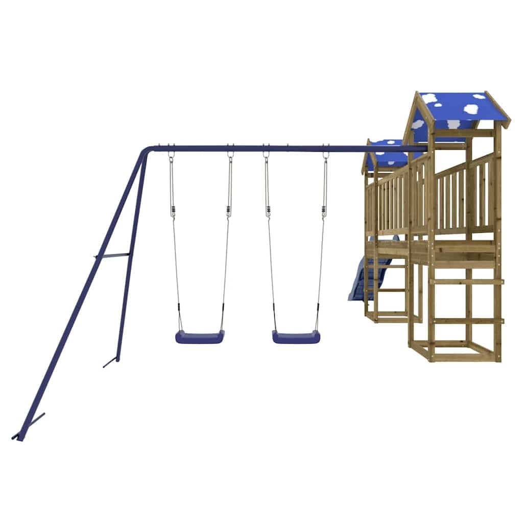 Torre de juego de madera de pino impregnada con tobogán, columpio, arenero y estructura de escalada para jardín y exterior, adecuada para niños de 3 a 8 años