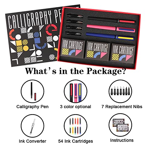 Image of Calligraphy Pens Set 64pcs - Calligraphy Fountain Pen Set with 3 Fountain Pens, 7 Varied Nibs, 54 Ink Cartridges(10 Colors) - Writing, Drawing and Calligraphy Practice for beginner GC-F354