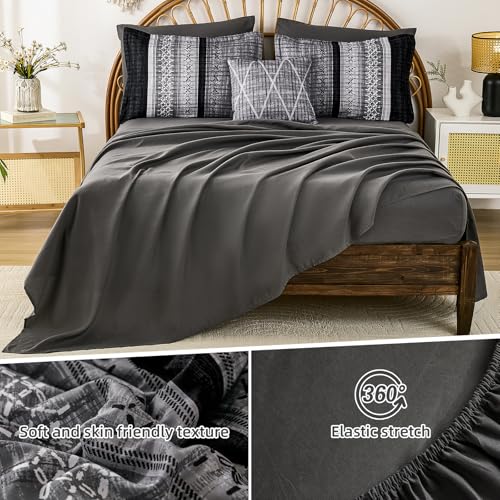 Image of Dintszyayue Black Comforter Set Queen Size, 8 Pieces Boho Striped Bed in a Bag Soft Microfiber Bedding Set for All Season