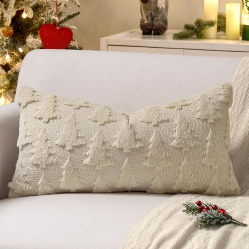 Image of MIULEE Christmas Throw Pillow Covers Lumbar Beige Christmas Decorations Xmas Tree 12x24 Pillow Covers Soft Plush Faux Wool Pillowcases Holiday Festivals Winter Home Decor Sofa Couch Bed Porch
