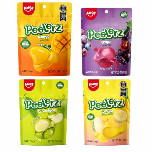 AMOS Peelerz Peelable Gummy Candy Variety Pack, Mango, Grape, Green Apple &amp; Banana Flavors, Made with Real Fruit Juice, 4 Bags, 13.22 oz (375 g)