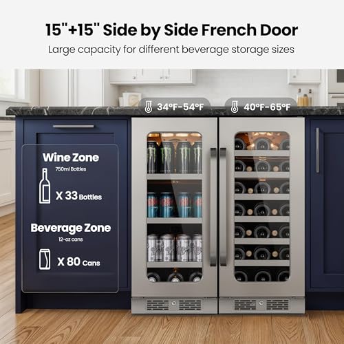 Image of Whynter 80 Can & 33 Bottle Wine and Beverage Refrigerator, 30 Inch Wine Cooler Refrigerator Glass Door, 40-65F Digital Temperature Control, Built-in or Freestanding for Home Bar Kitchen Office