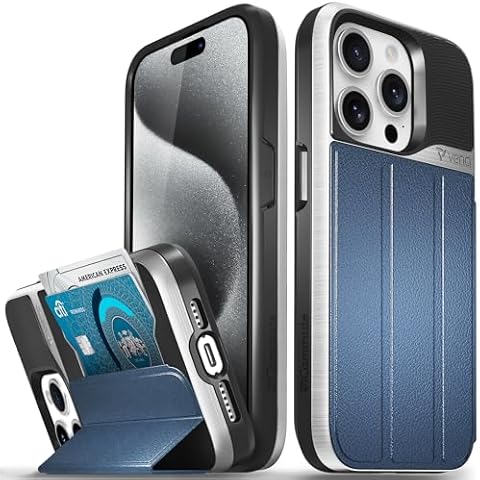 VENA vCommute for iPhone 15 Pro Wallet Case, [Military Grade Drop Protection] Flip Leather Cover Slot Card Holder with Kickstand - Blue Cover