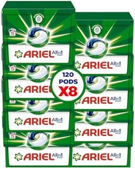 Ariel Original All-in-1 Pods, 15 Count Laundry Detergent Pods. Cleans, Lifts Stains and Brightens (Pack of 8), 120 pods