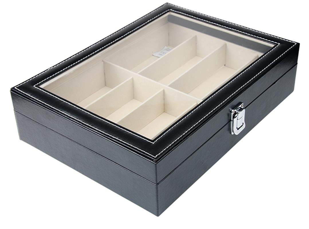 Tebery Scatola per 8 occhiali, con vetrina in vetro, in similpelle, per occhiali da sole, occhiali, gioielli, colore nero, 33,7 x 24,5 x 8,4 cm