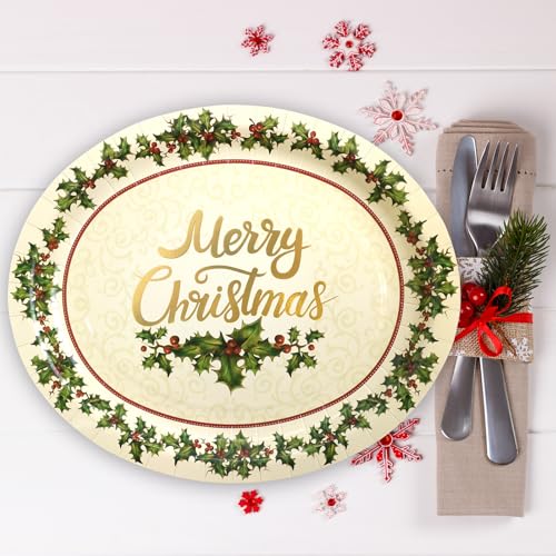 ceiba tree Christmas Holly Oval Plates Vintage Christmas Party Paper Plates Disposable Holiday Party Supplies – Image 4
