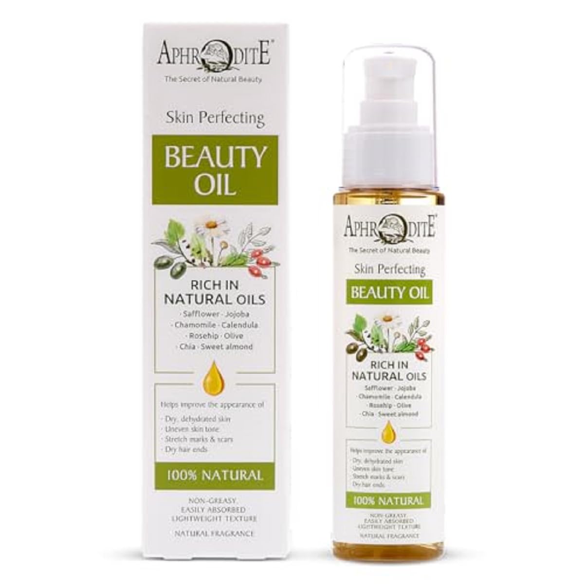 Aphrodite – 100% naturalny olejek do pielęgnacji skóry – wegańska formuła do skóry i włosów – wspomaga blizny i rozstępy – trwała i szybko wchłaniająca się formuła – Perfecting Beauty Oil
