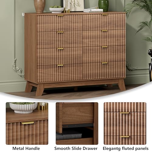 Image of Wodeer 8 Drawer Fluted Dresser for Bedroom, Mid Century Modern Wooden Dresser with 8 Drawers, Dressers & Chests of Drawers with Metal Handle, TV Stand & Storage Organizer for Entryway, Hallway, Walnut