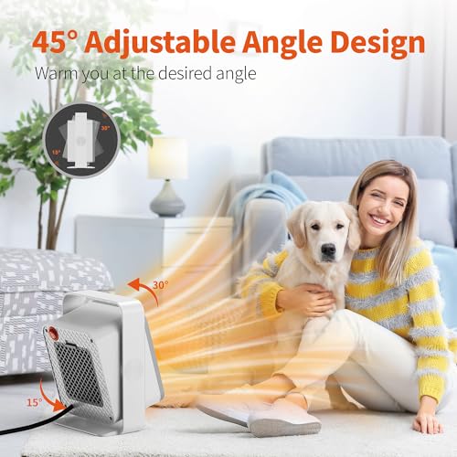 Calhin Small Heater, PTC Fast Heating Portable Space Heater, Adjustable Angle with Tip-Over and Overheat Protection for Small Space Heater, for Office, Bedroom and Home(White)