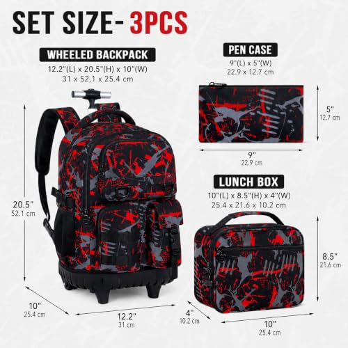 Image of CCJPX 3Pcs Rolling Backpack for Boys, Roller Wheeled School Bookbag, Graffiti Wheels Backpacks with Lunch Box for Kids (Red)