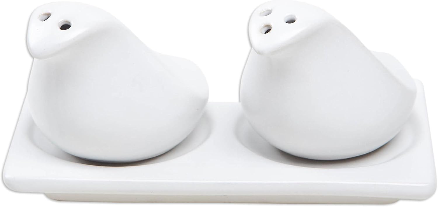 NOVICA Artisan Handcrafted Ceramic Salt Pepper Set 3 Pieces White Indonesia Tableware Serveware Sets Animal Themed Bird [ 2in H x 3.1in W x 2.4in D Tray 0.8in H x 5.5in W x 3.1in D] ' Sprinkled