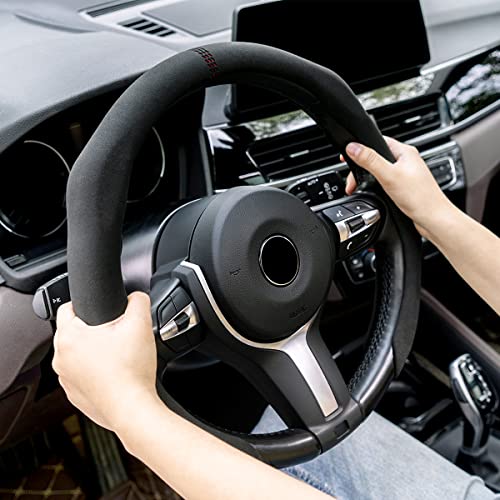 Black Car Steering Wheel Cover Suede Non Slip Steering Wheel Grip Snap On Car Interior Accessories Decoration 15 Inch Universal #TOP2