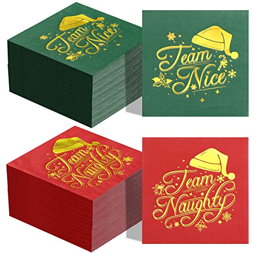 Faccito 100 Pcs Christmas Team Naughty Nice Paper Napkin Disposable Nativity Gold Foil Santa Hat Napkin Red Green Guest Cocktail Paper for Xmas New Year Holiday Party Decor (10 x 10 Inch)